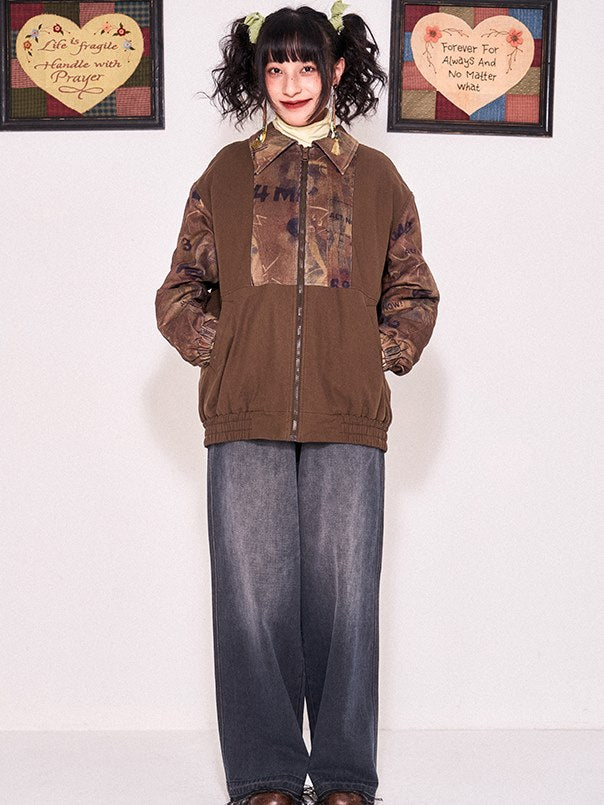 인쇄 패치 워크 드롭 어깨 패딩 재킷