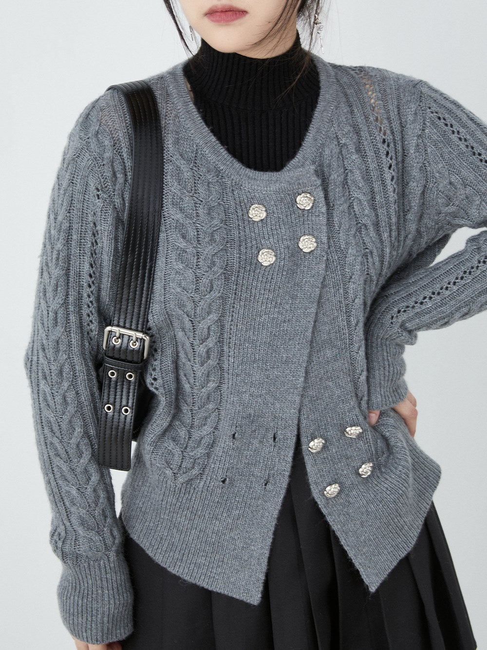 Double-breasted Round Neck Cable Cardigan