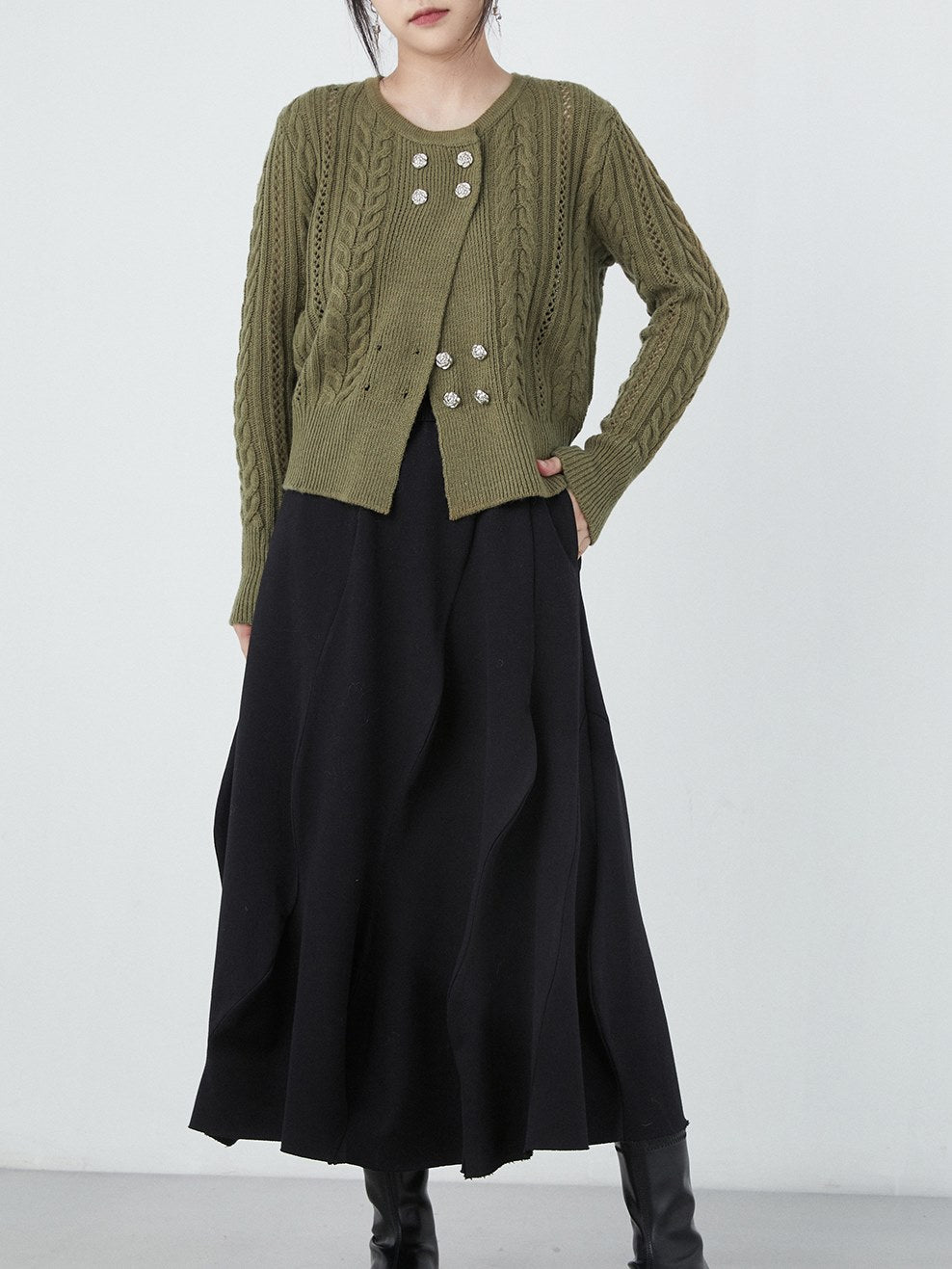 Double-breasted Round Neck Cable Cardigan