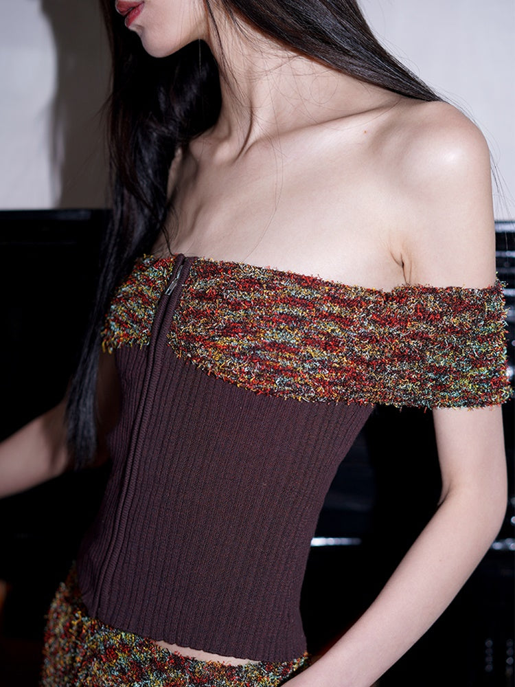 Off-Shouder Slim Strick Weste & Sleeve