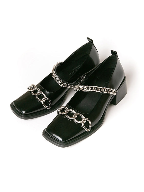 Chain Square-toe Flare-heel Pumps