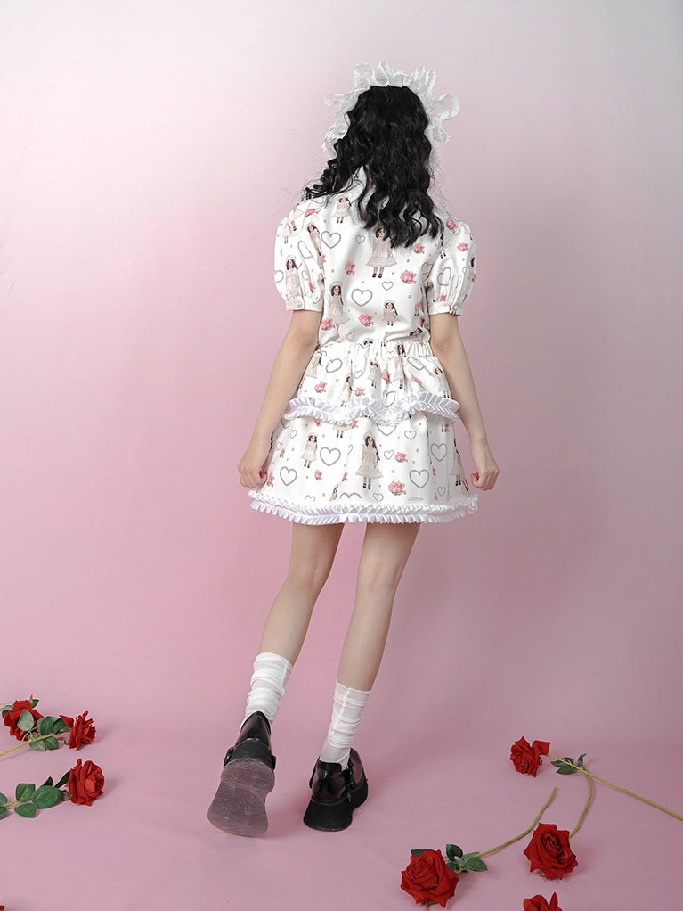 Antique Doll Rose Pearl Print Puff Sleeve Shirt