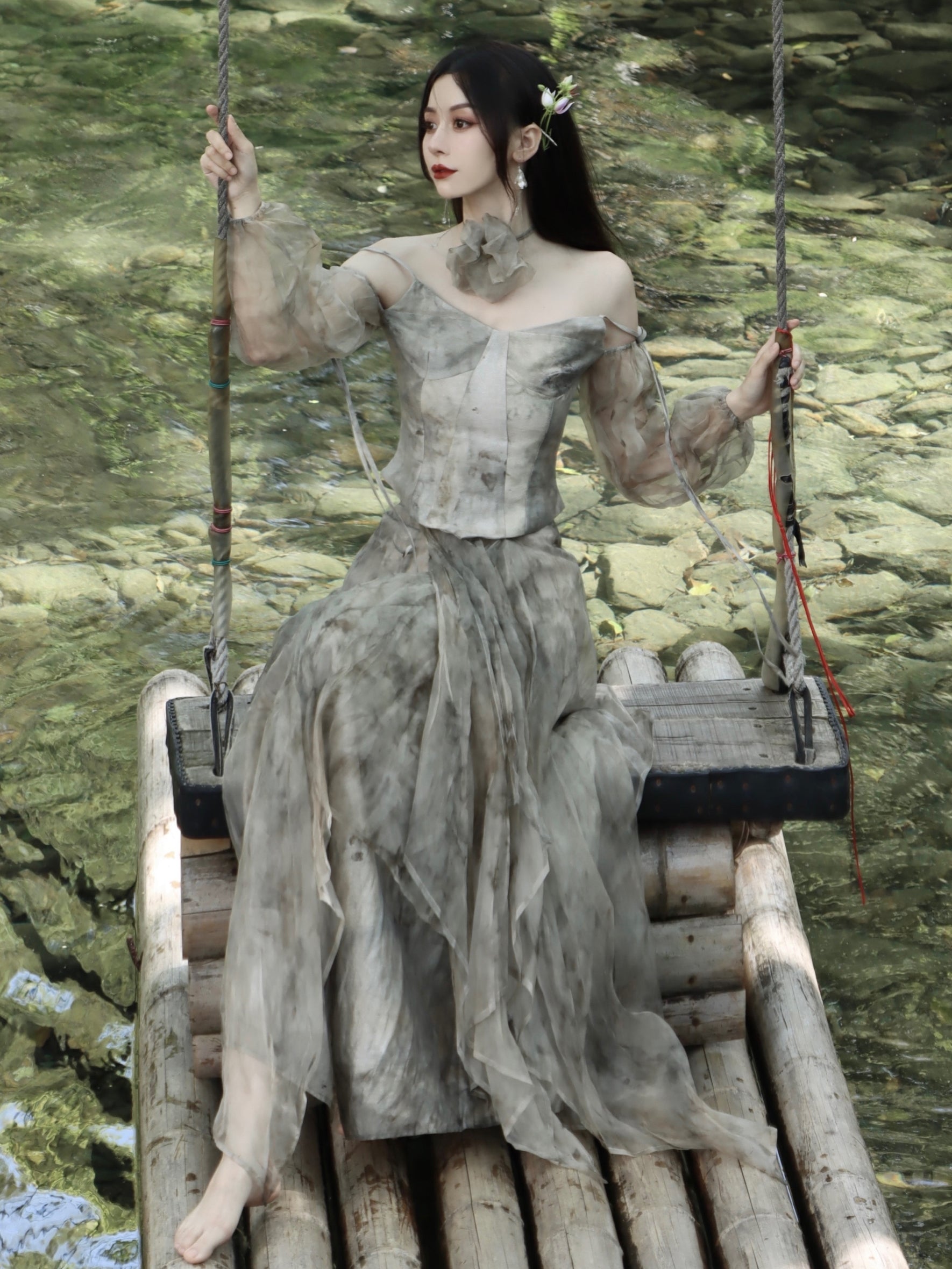 Printed Silk Fairy Puff Sleeve Top