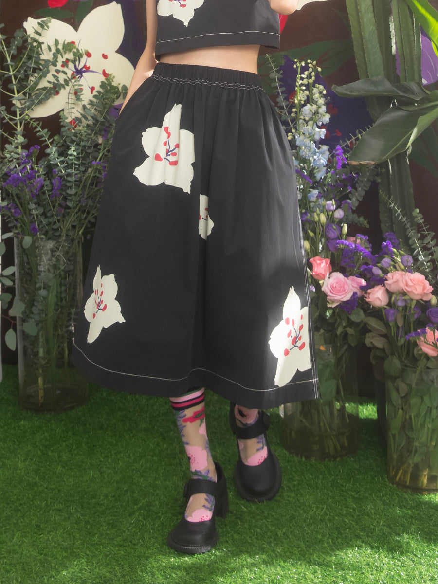 벚꽃 프린트 A- 라인 스커트