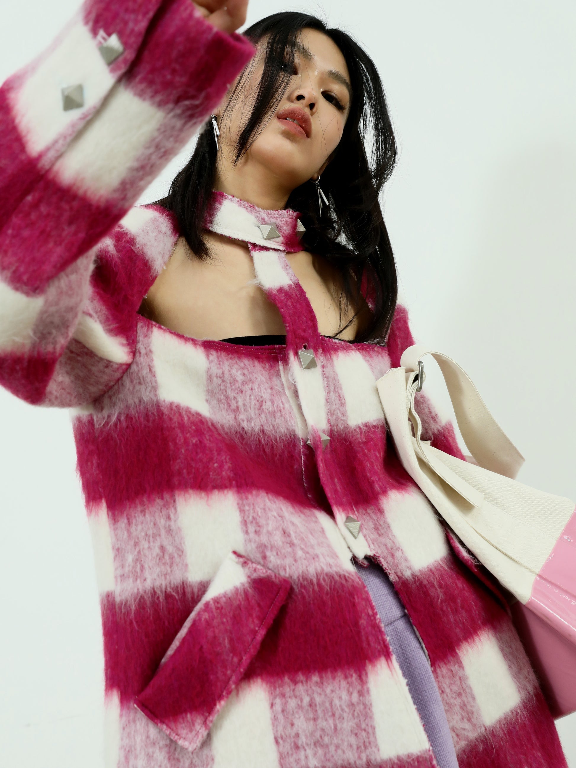 Hohl trägerlose karierte Wollmantel