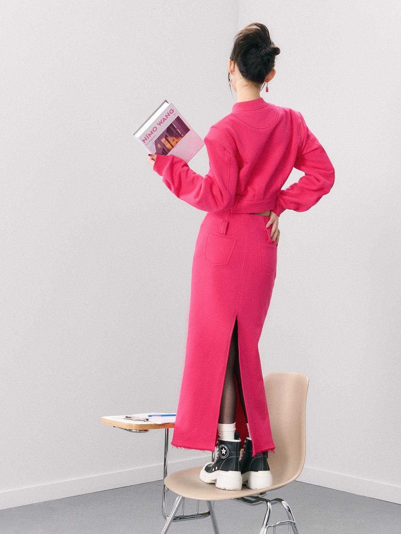 Short Casual Jacket & Slit Long Skirt