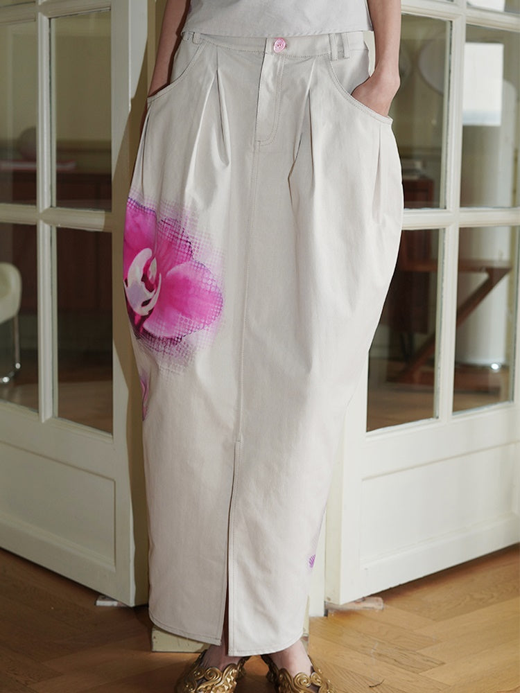 중국 스타일의 플로럴 프린트 버드 스커트