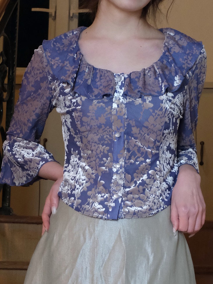 플로럴 프릴 칼라 혼 슬리브 상단