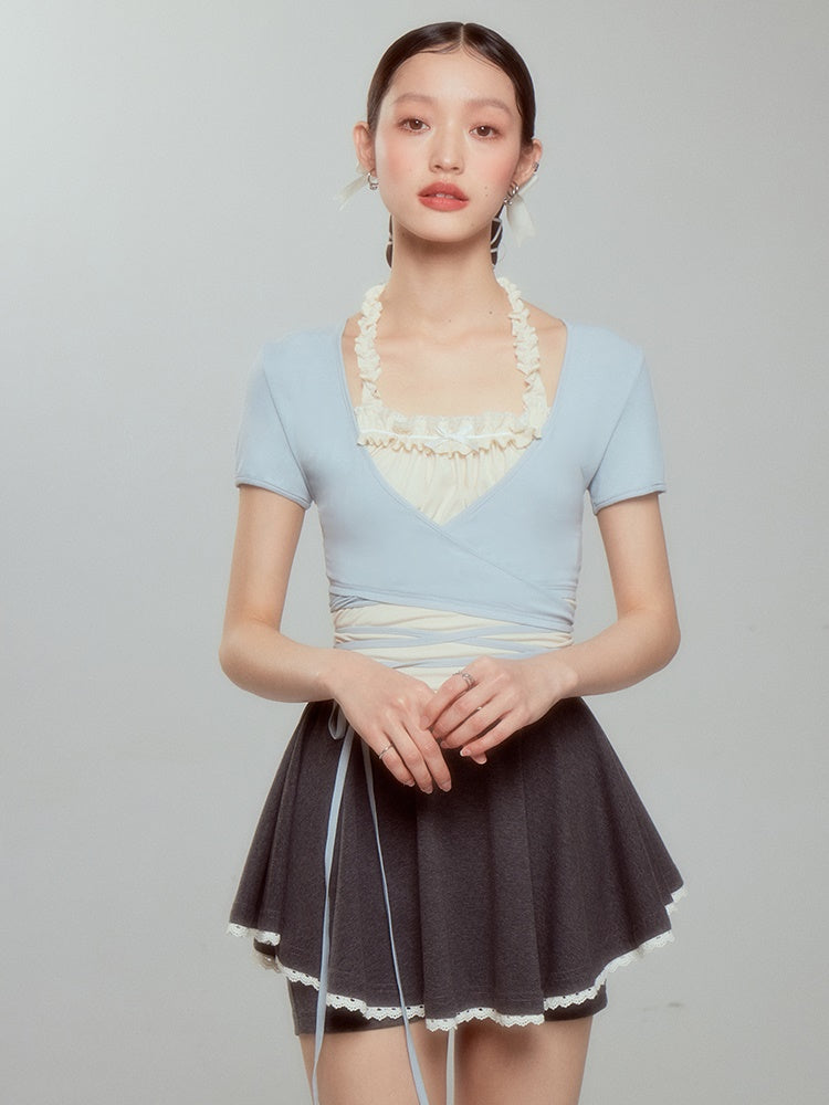 Halter-neck Frill Camisole & Strap Short Cardigan Set-up