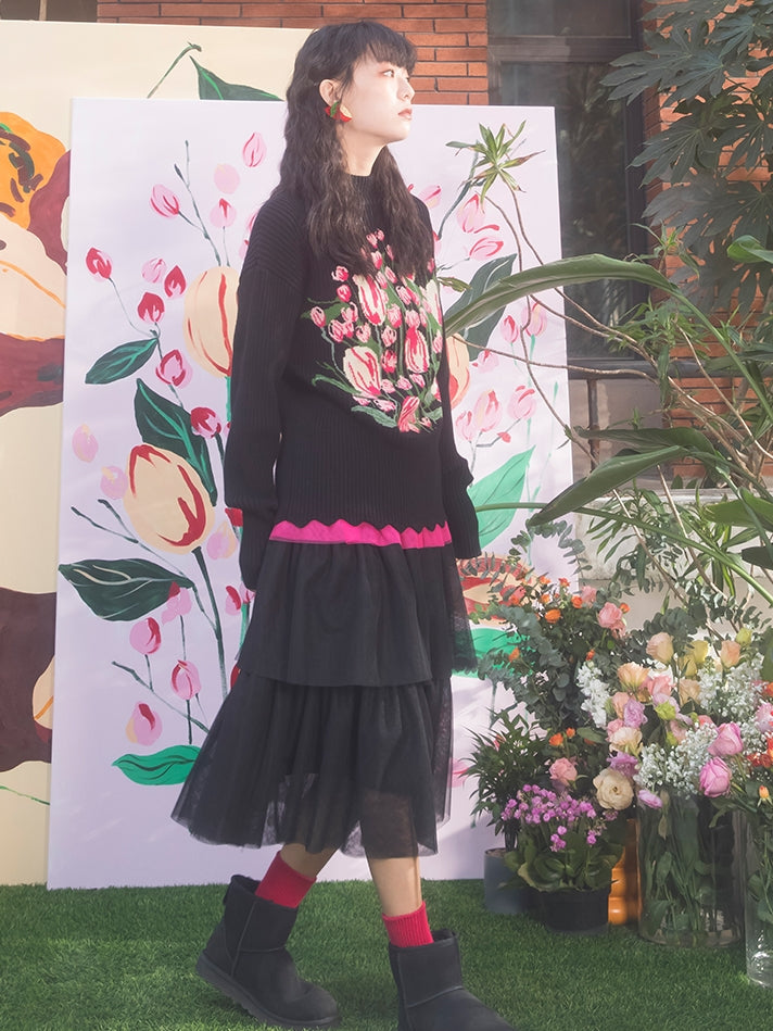 Tulip Pattern Half Turtreneck Loose Sweater