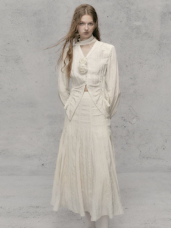 Rose French V-Neck Micro-Waist Shirring Shirt & Skirt