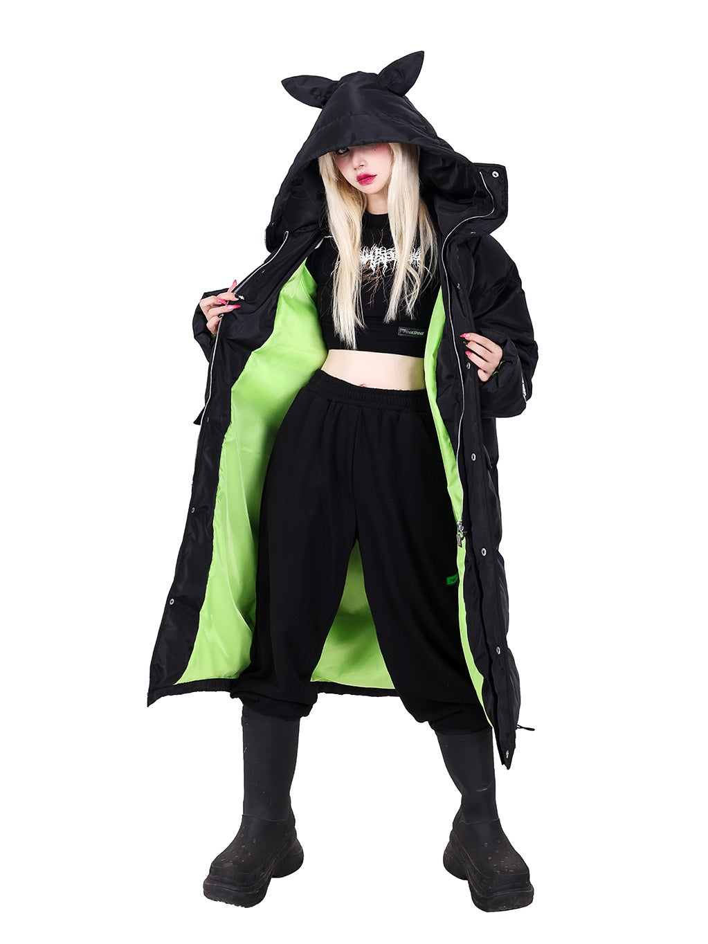 고양이 귀 후드 느슨한 긴면 코트