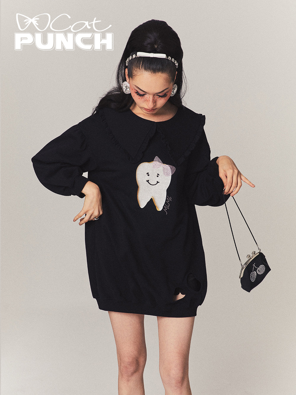 Teeth Oversize Damage Frill Casual Pop Pullover