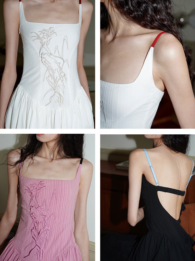 Embroidered Long Backless Sling Dress