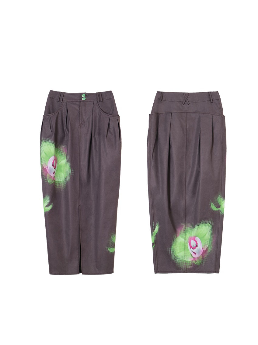 중국 스타일의 플로럴 프린트 버드 스커트