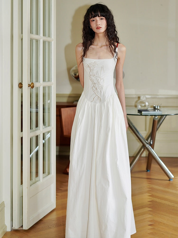Embroidered Long Backless Sling Dress