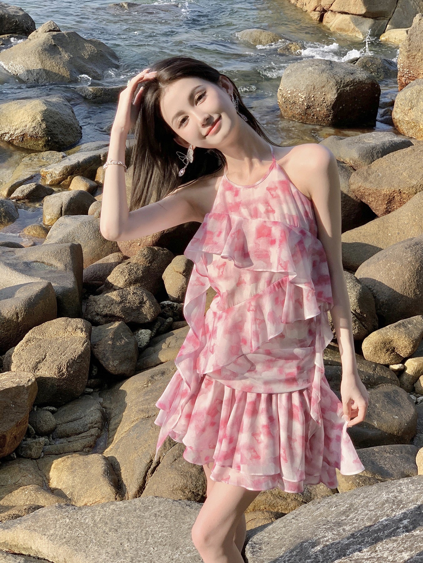 IRREGULAR HEM RUFFLES HALTER NECK PRINTED GAUZE ONE-PIECE