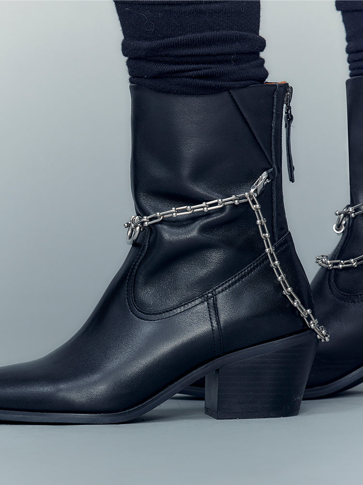 Chain Leather Low-heel Short-Boots