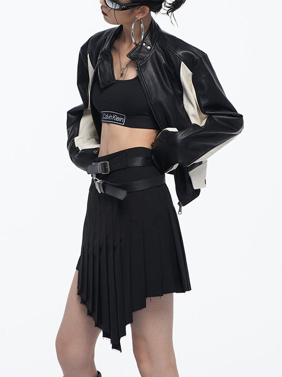 Contrast Color Stand Collar Short Leather Jacket