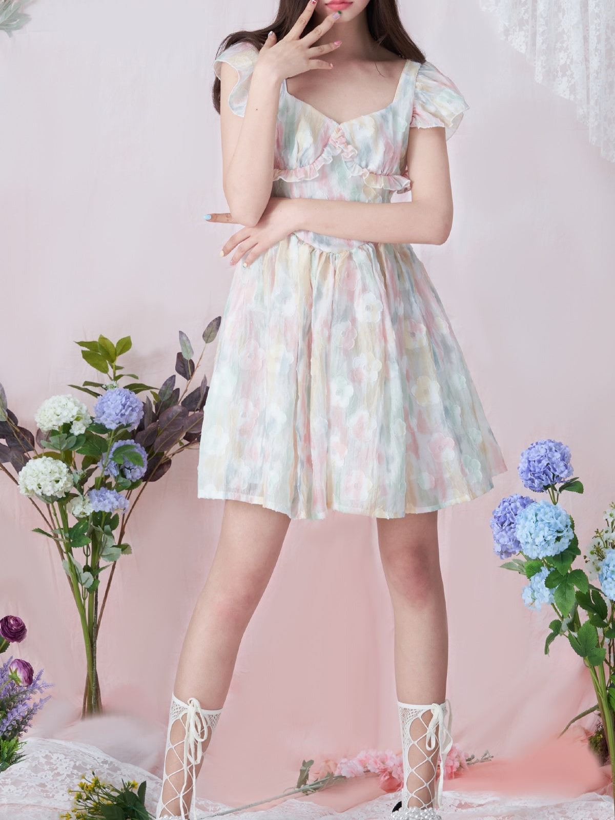 넥타이 염색 프릴 달콤한 꽃 원피스