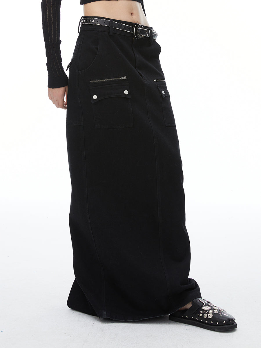 포켓 데님 맥시 저층 치마