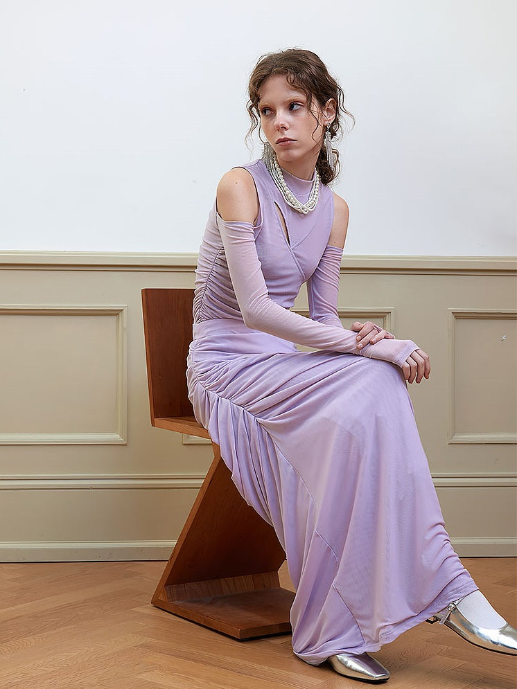 Draped Shirred Irregular Straight Long Skirt
