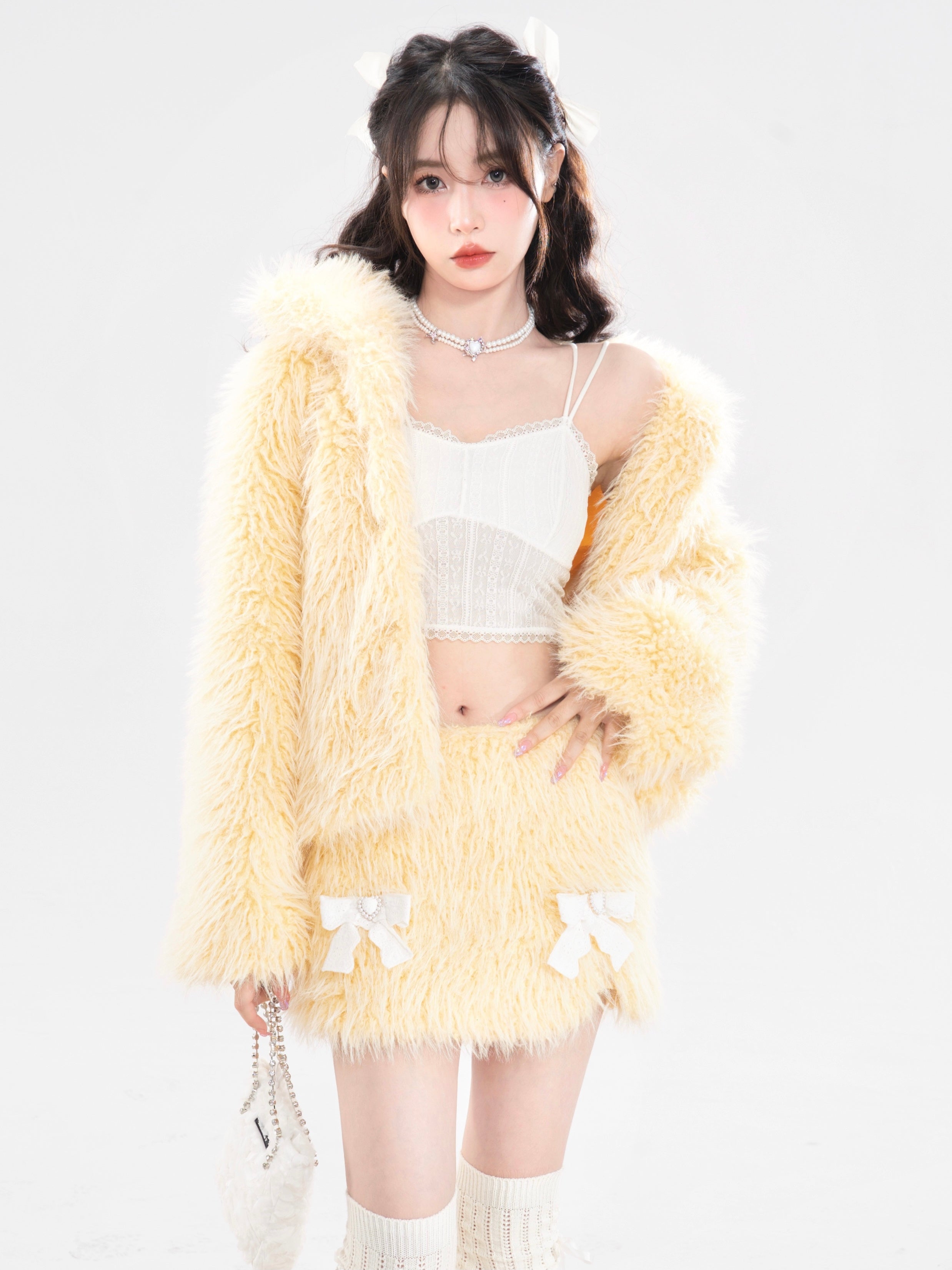 친환경 모피 짧은 코트 및 스커트