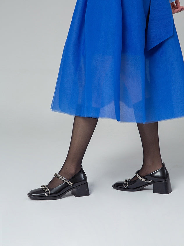 Chain Square-toe Flare-heel Pumps