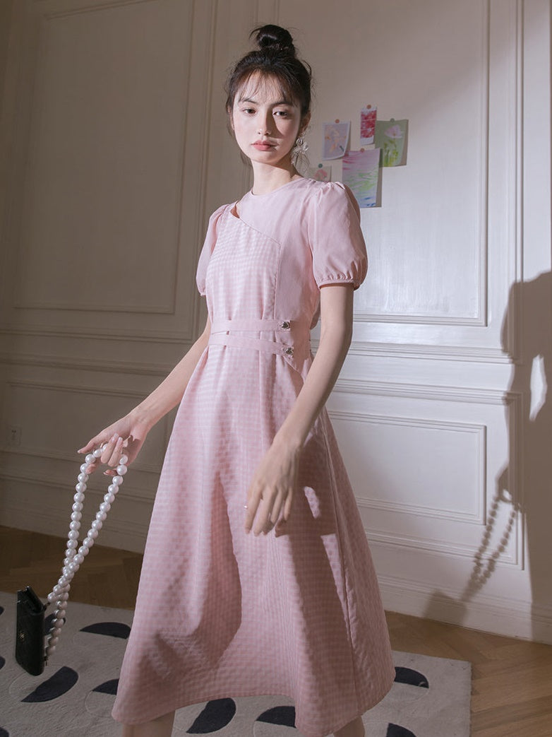 Neckline Hollow Waist Loop Bubble Sleeve Dress