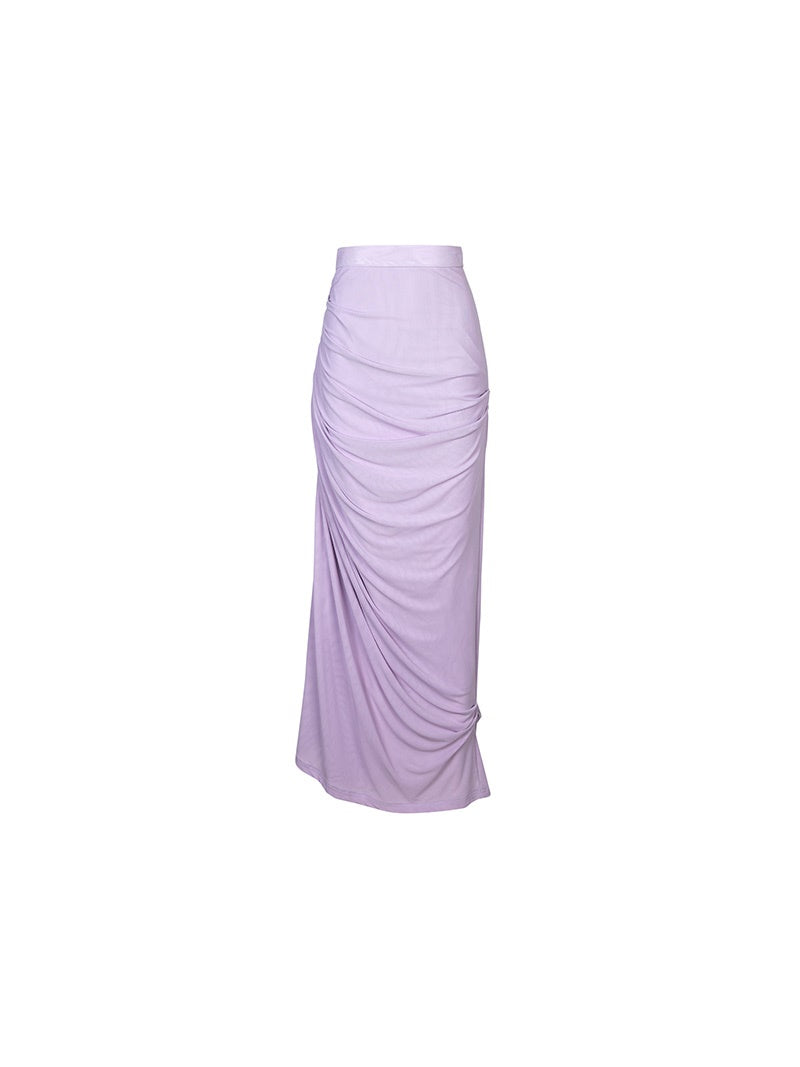 Draped Shirred Irregular Straight Long Skirt
