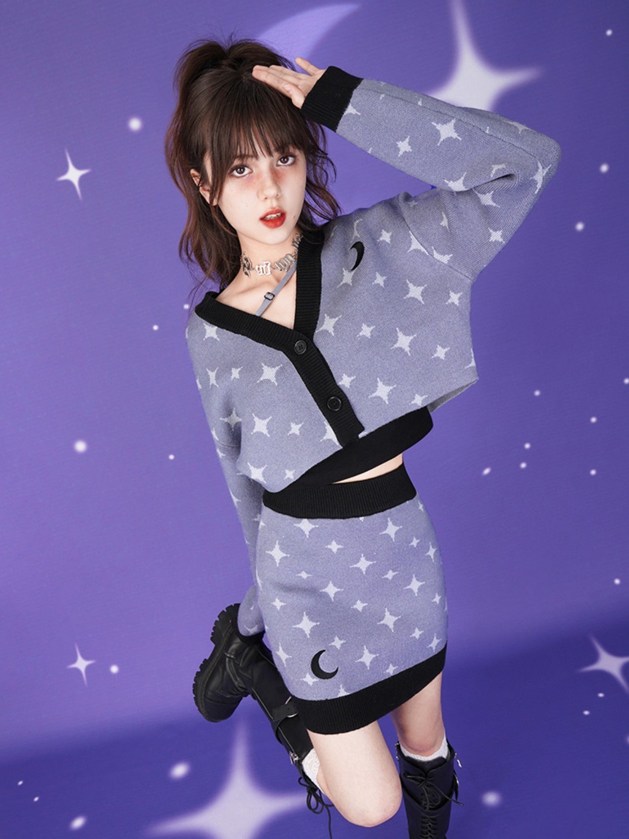 Starry Sky Design Knitted Cardigan & Short Skirt
