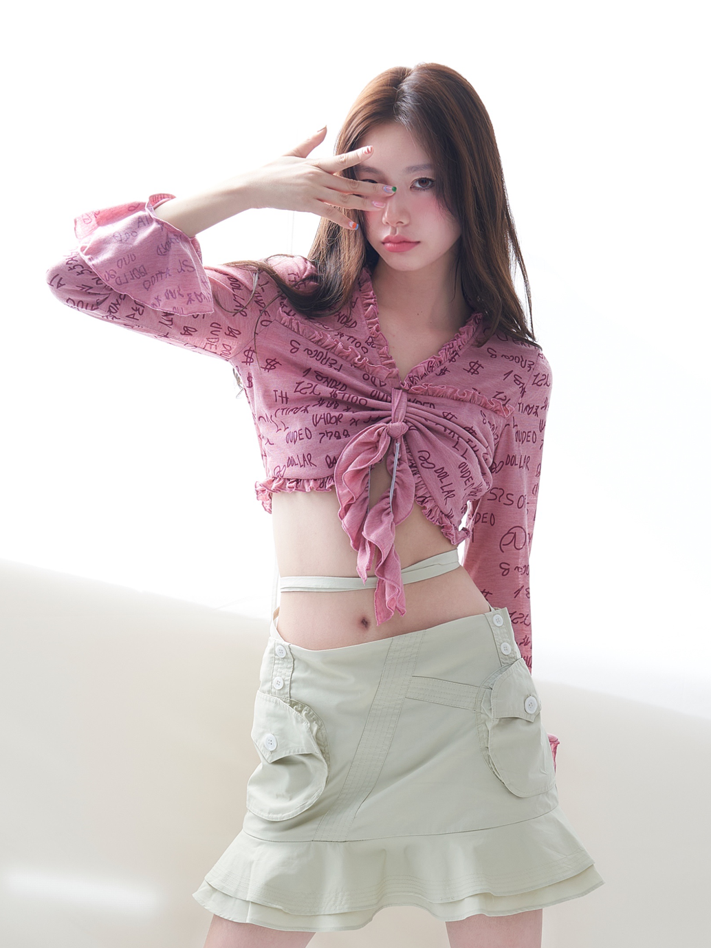 Kumpelte Rüschen niedliche Flare-Ärmel-Tops