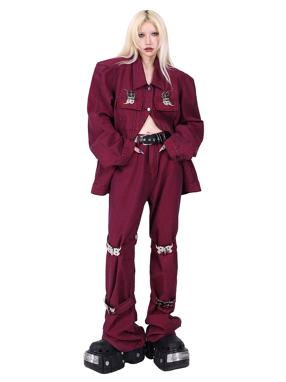 Flame Buckle Shoulder Pad Denim Jacket