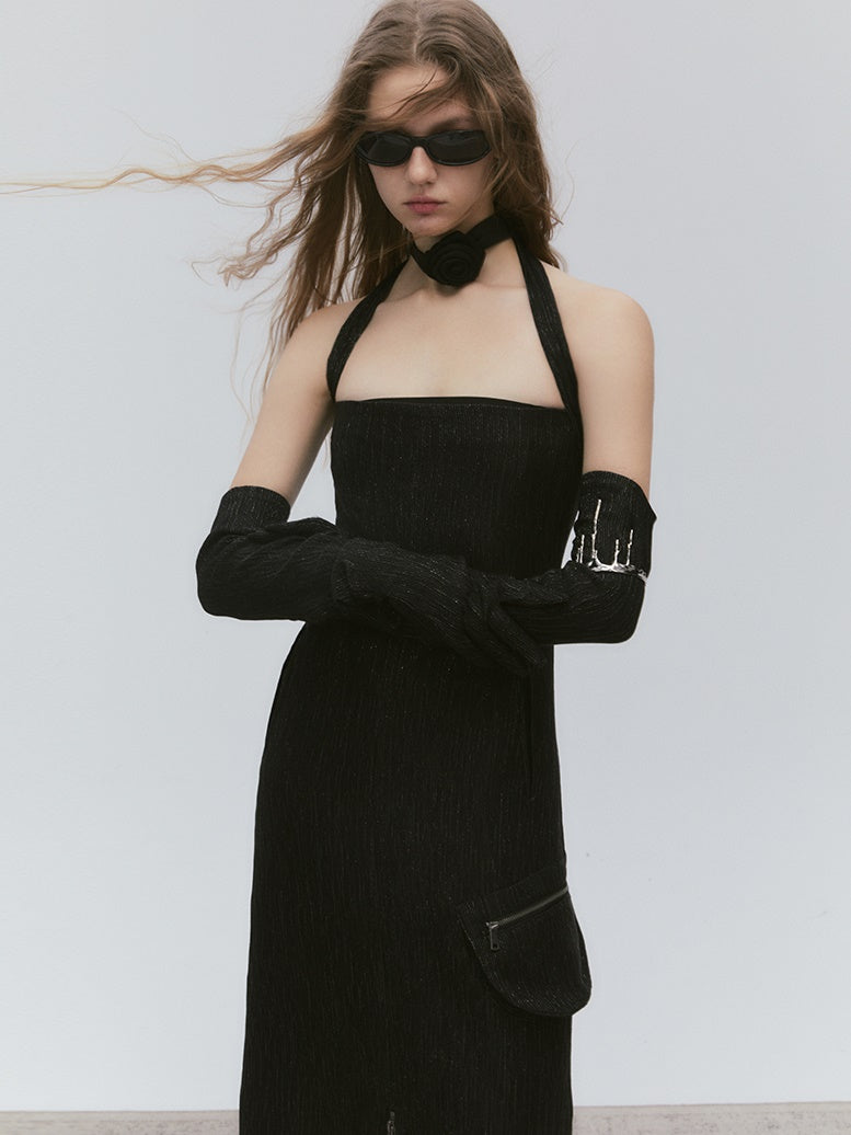 Hanging Neck Zipper Waist Strap Dress