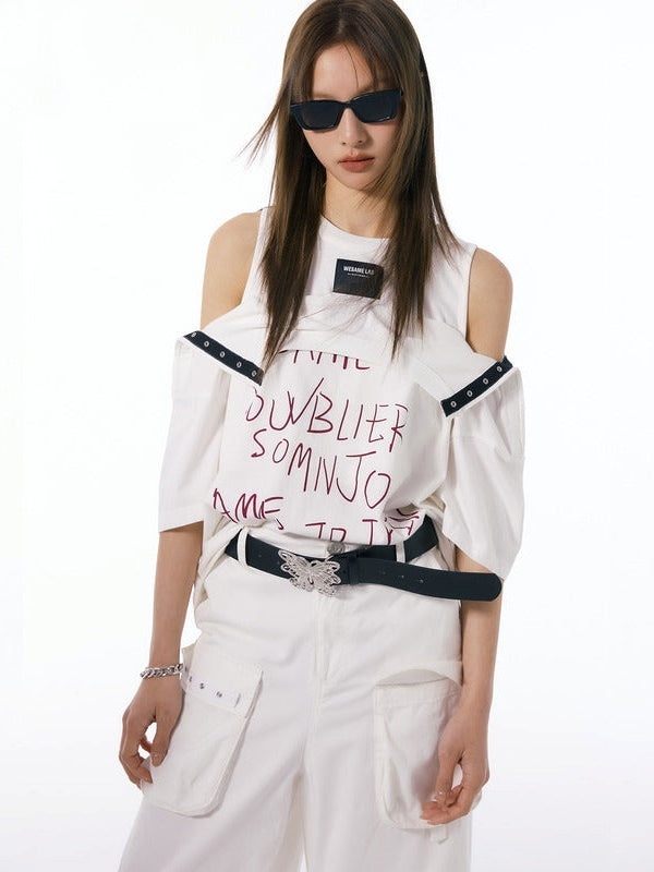 LOOSE Letter Print Shoulder Snap Button T-Shirt