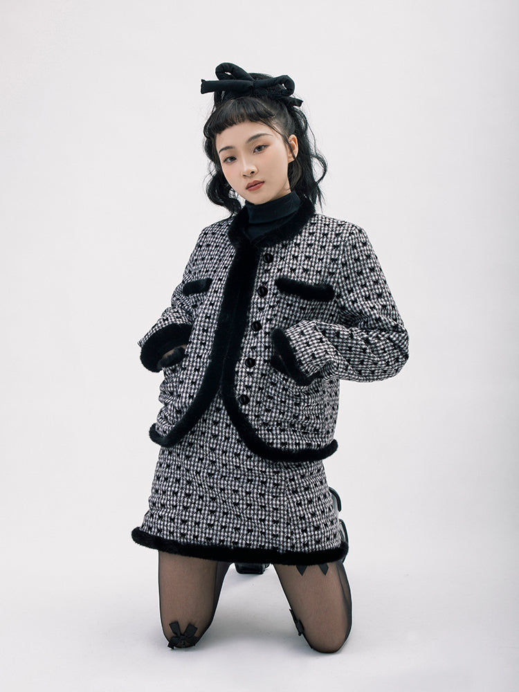 Wool Fur Ribbon Girly Suit Jacket & Skirt