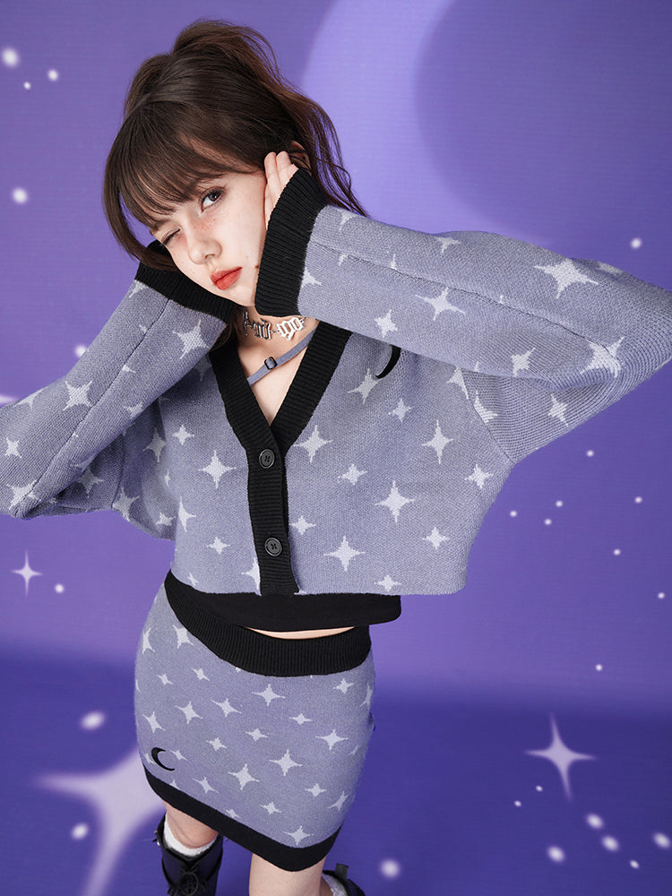 Starry Sky Design Knitted Cardigan & Short Skirt