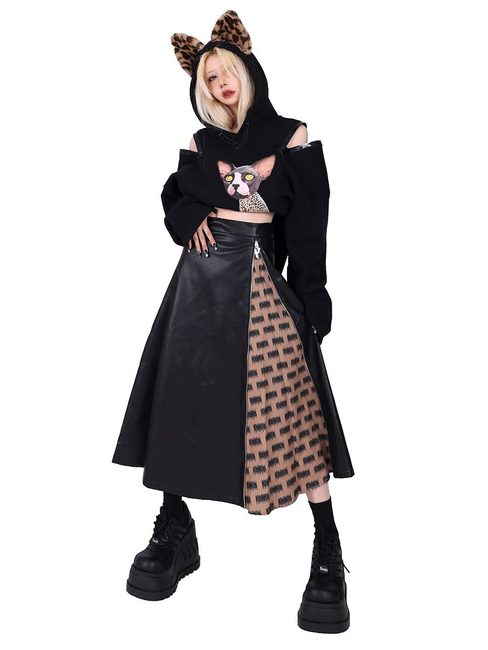 Zipper Contrast Color Leather Skirt