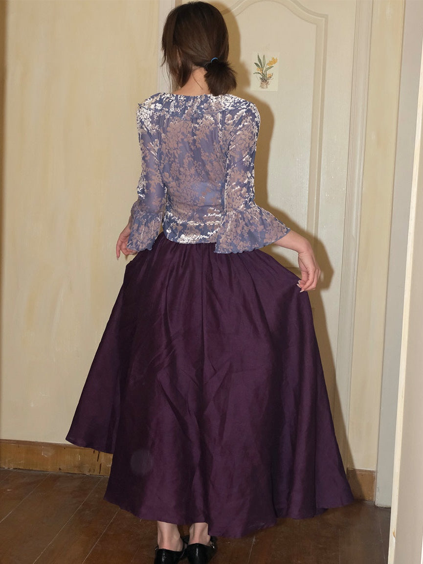 플로럴 프릴 칼라 혼 슬리브 상단