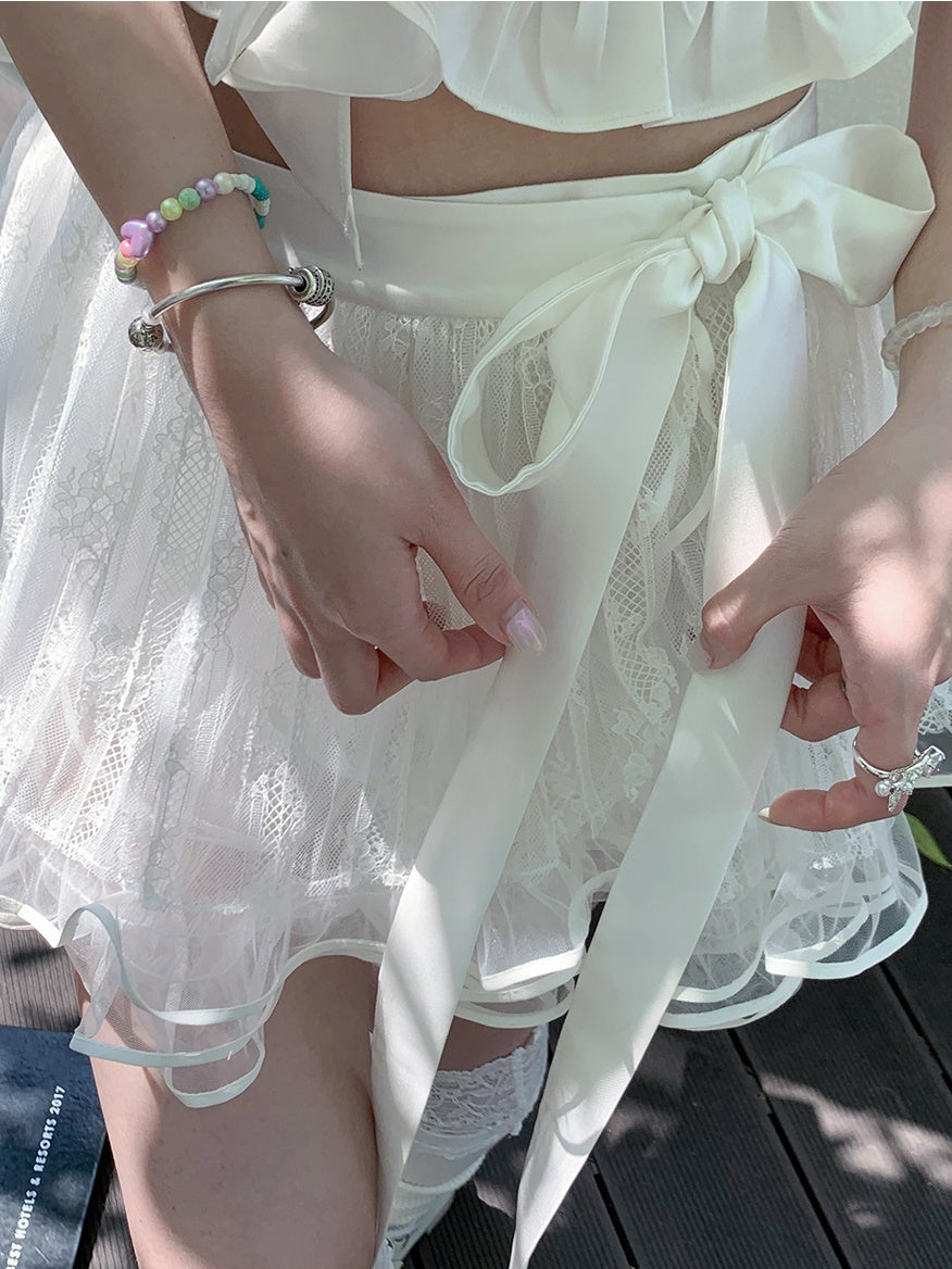 내부 바지가있는 레이스 메쉬 투투 스커트