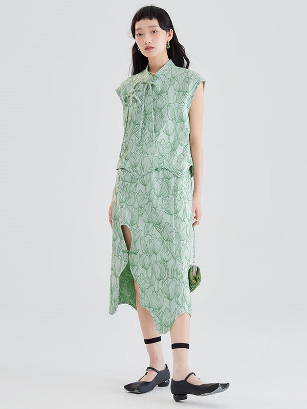 튤립 자카드 버튼 불규칙한 치마