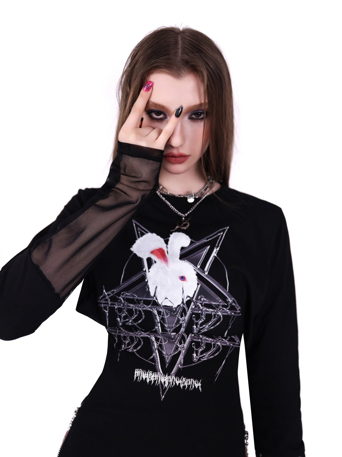 Rock Rabbit Stitching Mesh T-Shirt & Camisole Set