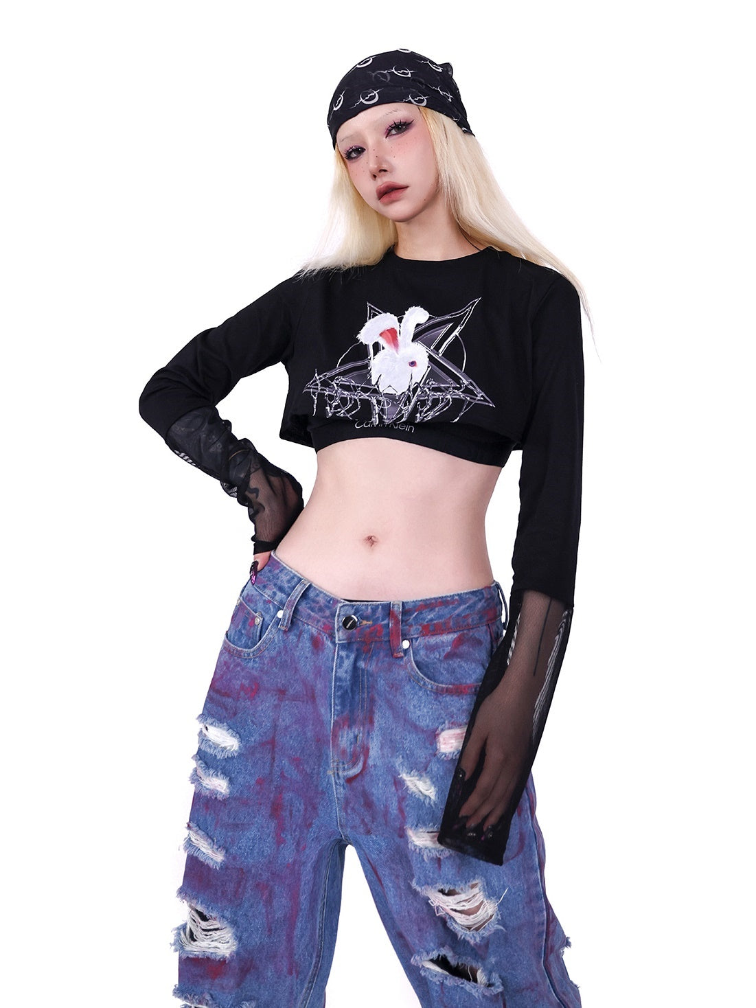 Rock Rabbit Stitching Mesh T-Shirt & Camisole Set