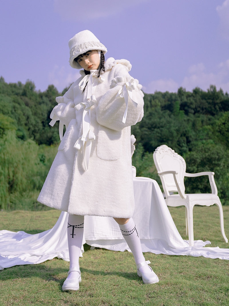 토끼 이어 보아 귀여운 리본 코트