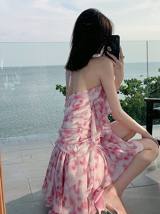 IRREGULAR HEM RUFFLES HALTER NECK PRINTED GAUZE ONE-PIECE