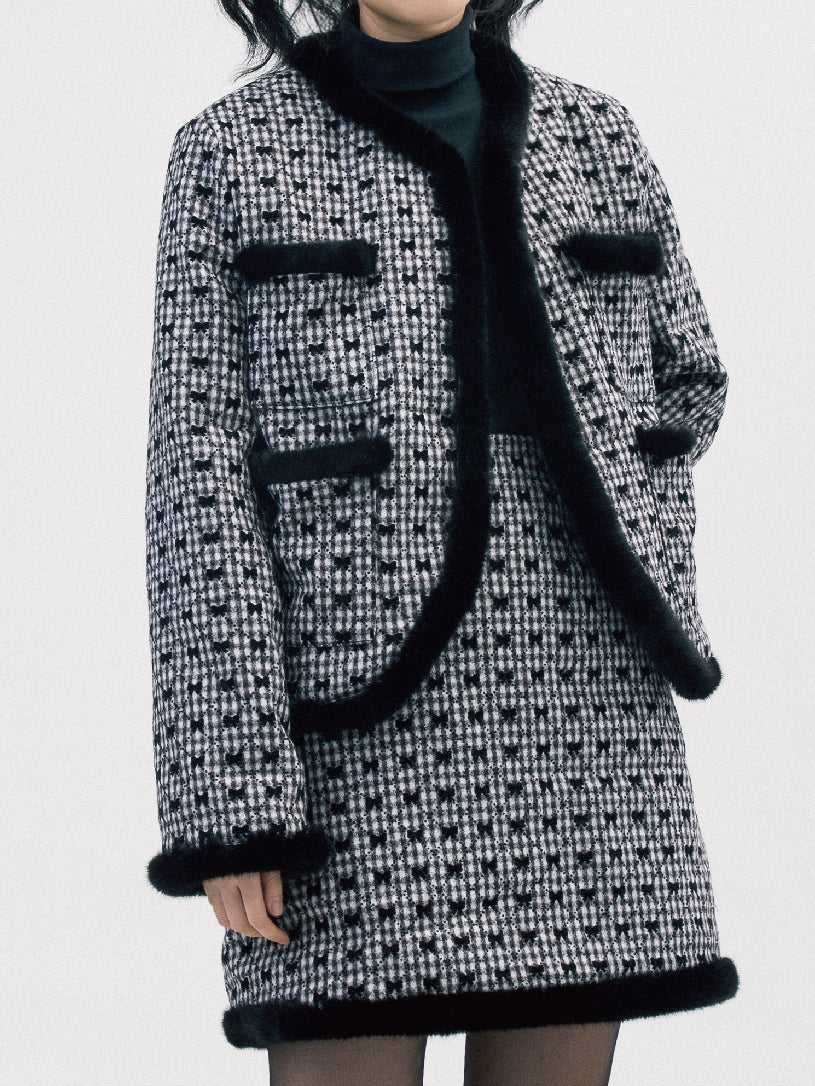 Wool Fur Ribbon Girly Suit Jacket & Skirt