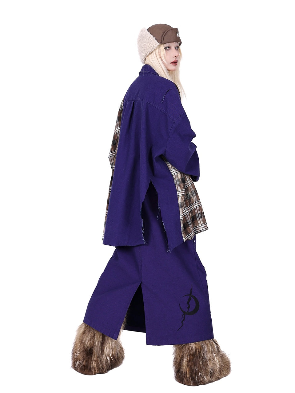 스티칭 격자 무늬 슈퍼 컷 느슨한 셔츠