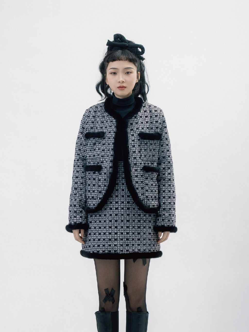 Wool Fur Ribbon Girly Suit Jacket & Skirt