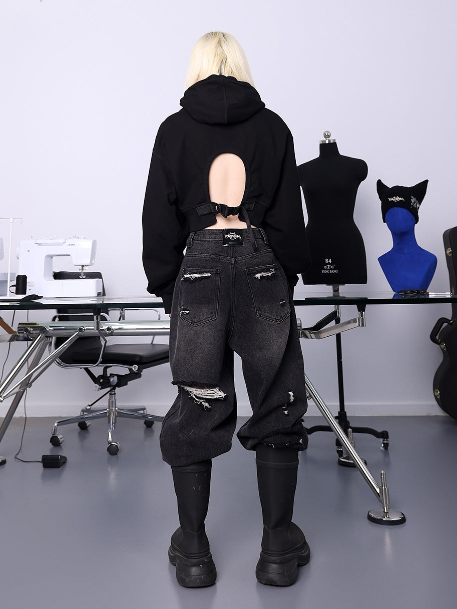 Logo Print Open Back Short Hooded