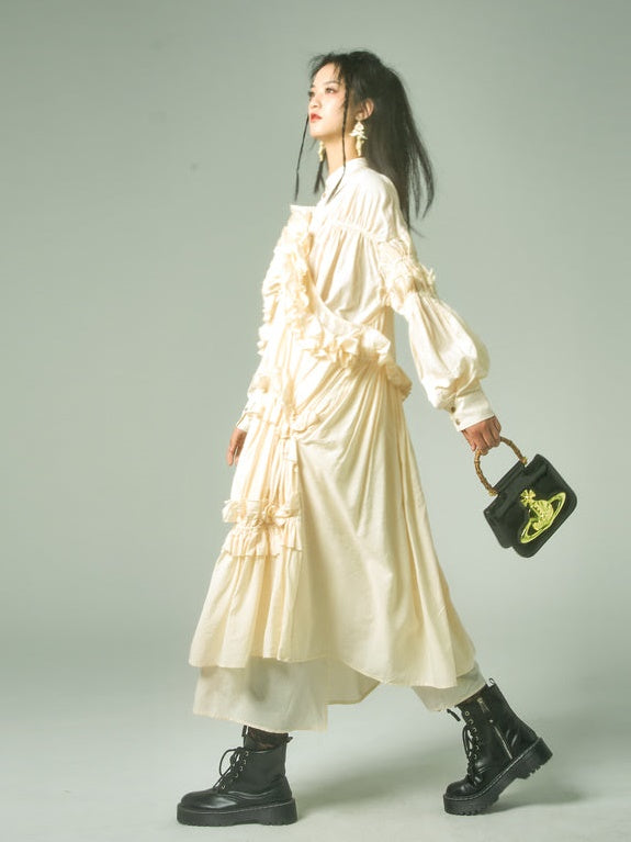 Ruffled Cotton Shirring Long Dress